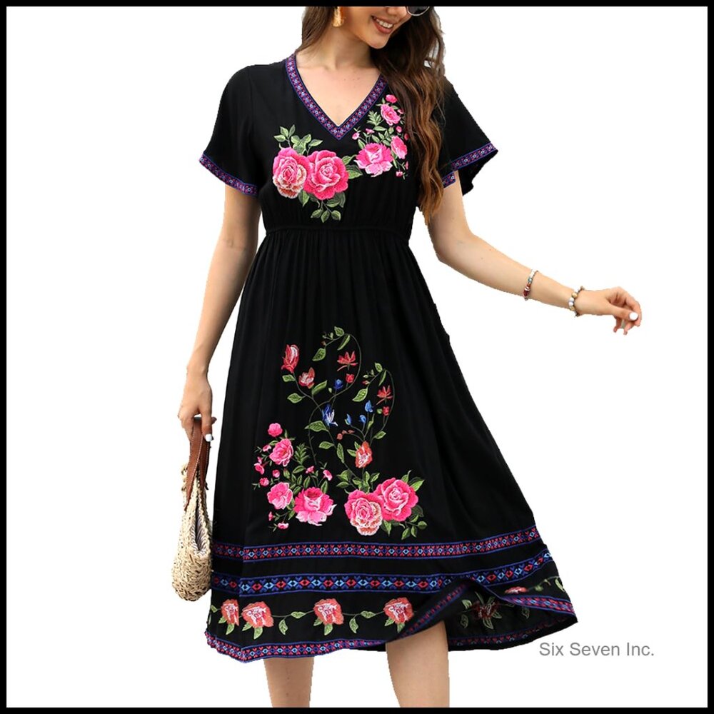 Rayon Mexican Embroidered Dress Boho Floral Midi Cocktail